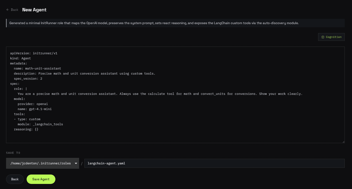 Review the generated InitRunner agent YAML and any import warnings